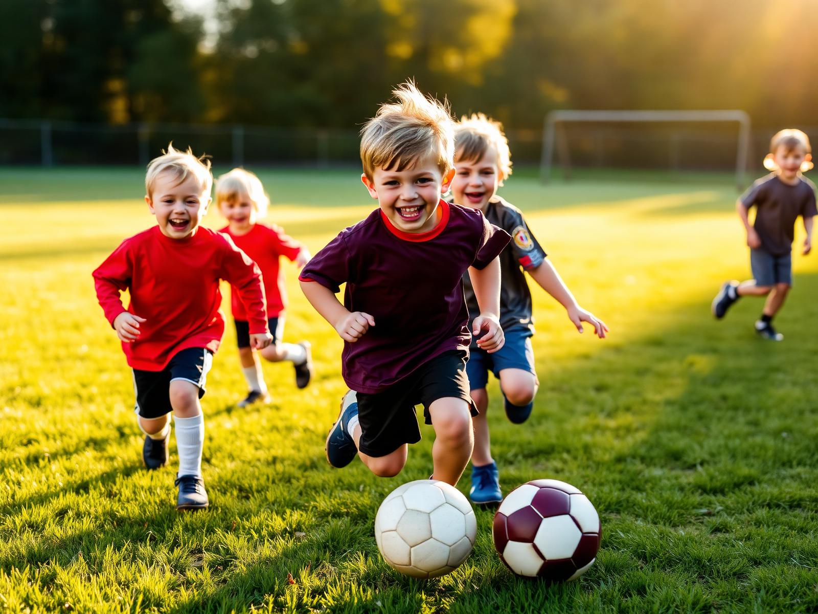 Young children smiling and playing soccer